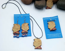 Load image into Gallery viewer, Picture of Donald Trump MAGA Earrings with red, white and blue beads, Necklace and Pin to match.