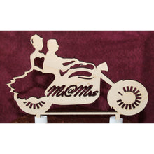Load image into Gallery viewer, "Bride & Groom on a Motorcycle" Mr & Mrs Biker Wedding Cake Topper