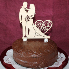 Load image into Gallery viewer, "Bride & Groom Standing w Mr & Mrs in a Heart" Wedding Cake Topper