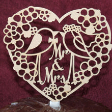 Load image into Gallery viewer, "Kissing Love Birds in Heart" Wedding or Anniversary Wood Cake Topper