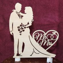 Load image into Gallery viewer, "Bride & Groom Standing w Mr & Mrs in a Heart" Wedding Cake Topper