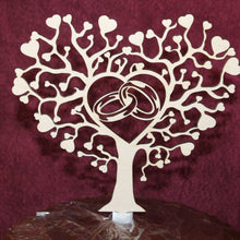 Load image into Gallery viewer, "Wedding Rings in a Heart Shaped Tree of Life" Wedding Wood Cake Topper