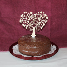 Load image into Gallery viewer, "Wedding Rings in a Heart Shaped Tree of Life" Wedding Wood Cake Topper