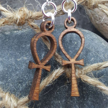 Load image into Gallery viewer, Ankh Egyptian Cross Dangle Earrings Wood