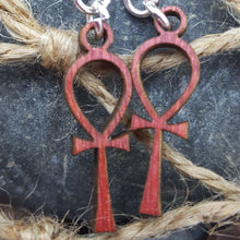 Load image into Gallery viewer, Ankh Egyptian Cross Dangle Earrings Wood