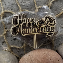 Load image into Gallery viewer, "Happy Anniversary w Rings" Wooden Cup Cake Toppers For Wedding or Anniversary