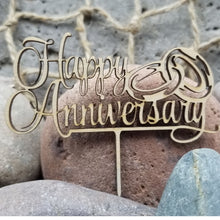 Load image into Gallery viewer, "Happy Anniversary w Rings" Wooden Cup Cake Toppers For Wedding or Anniversary