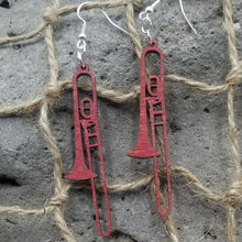 Load image into Gallery viewer, "Trombone" Long Horn Shaped Musical Instrument Dangle Earrings