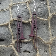 Load image into Gallery viewer, "Trombone" Long Horn Shaped Musical Instrument Dangle Earrings