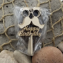 Load image into Gallery viewer, "Happy Bday w Glasses" Cup Cake Toppers: Set of 12 for Party Celebration