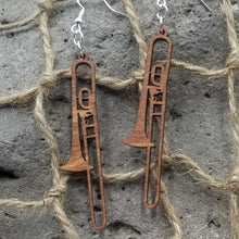 Load image into Gallery viewer, "Trombone" Long Horn Shaped Musical Instrument Dangle Earrings