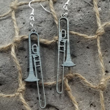 Load image into Gallery viewer, "Trombone" Long Horn Shaped Musical Instrument Dangle Earrings