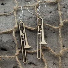 Load image into Gallery viewer, "Trombone" Long Horn Shaped Musical Instrument Dangle Earrings