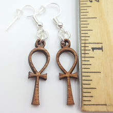 Load image into Gallery viewer, Ankh Egyptian Cross Dangle Earrings Wood
