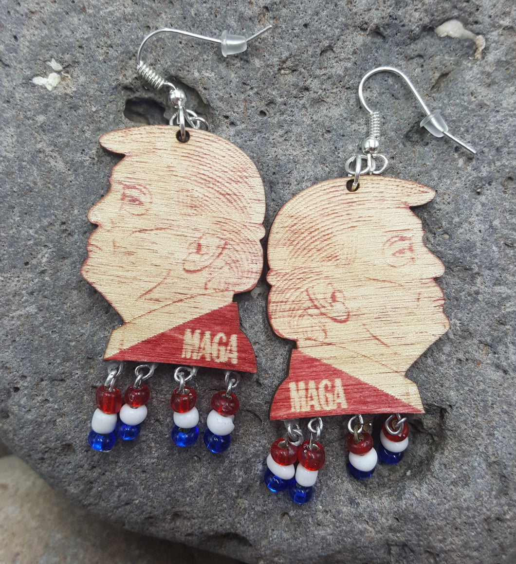 Donald Trump MAGA Earrings with Red, White & Blue Beads Novelty Gift