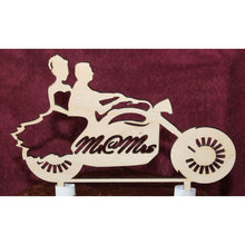 Load image into Gallery viewer, &quot;Bride &amp; Groom on a Motorcycle&quot; Mr &amp; Mrs Biker Wedding Cake Topper
