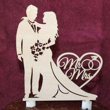 Load image into Gallery viewer, &quot;Bride &amp; Groom Standing w Mr &amp; Mrs in a Heart&quot; Wedding Cake Topper

