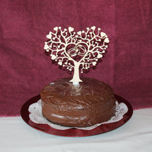 Load image into Gallery viewer, &quot;Wedding Rings in a Heart Shaped Tree of Life&quot; Wedding Wood Cake Topper
